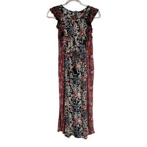 Lucky Brand Mixed Boho Print Midi Dress Flutter Sleeveless Tie Belted Size XS